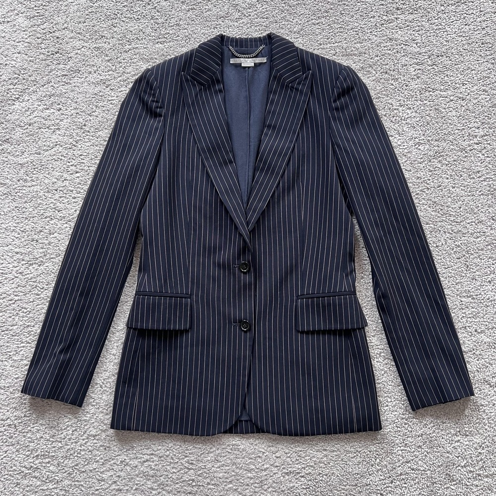 Stella McCartney Pinstripe Suit Blazer Womens 38 Blue Wool Lined Two Button